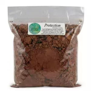 Sealed bag of brown Protection powder incense labeled with magical product description for use in rituals and spells, displayed against white background
