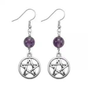 Amethyst pentagram dangle earrings with deep purple natural gemstone set in five-pointed star frame, psychic protection and third eye Wiccan elemental crystal intention earrings.