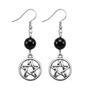 Black onyx pentagram dangle earrings with polished jet black gemstone set in five-pointed star frame, bold protection and shadow work Wiccan elemental crystal earrings.
