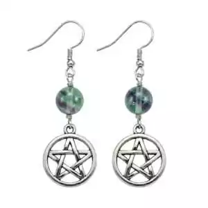 Fluorite pentagram dangle earrings with multi-toned green and purple natural fluorite set in five-pointed star frame, clarity and Wiccan elemental protection crystal earrings.
