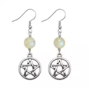 Moonstone pentagram dangle earrings with iridescent moonstone set in five-pointed star frame, Wiccan lunar protection and intuition crystal intention earrings.