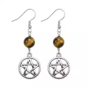 Tiger's eye pentagram dangle earrings with golden brown natural gemstone set in five-pointed star frame, Wiccan protection and grounding crystal intention earrings.