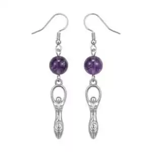 Amethyst goddess earrings — purple amethyst bead with pewter yoga goddess figure on silver hook closures, dangle style.