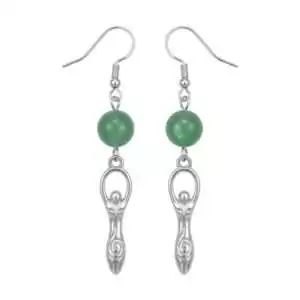 Green aventurine goddess dangle earrings with sparkling green natural gemstone set in goddess figure design, prosperity heart chakra and abundance crystal intention earrings.