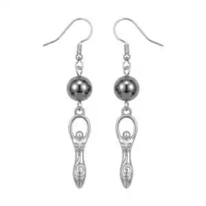 Hematite goddess earrings — polished dark hematite beads with pewter stylized goddess figure and silver hook closures.