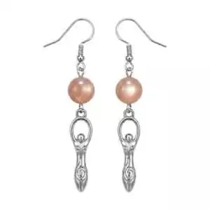 Moonstone goddess dangle earrings with glowing iridescent moonstone set in goddess figure frame, intuition and emotional balance divine feminine lunar crystal earrings.