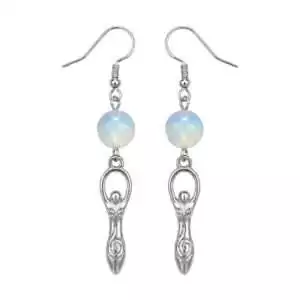 Opalite goddess dangle earrings with shimmering iridescent synthetic moonstone in goddess figure setting, ethereal divine feminine crystal intention earrings for spiritual wear.