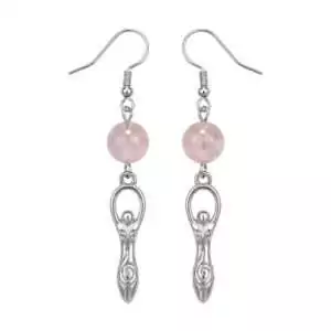Rose quartz goddess dangle earrings with pink natural gemstone in goddess figure frame design, heart chakra love and divine feminine crystal intention earrings.