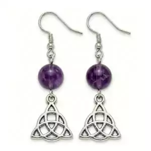Amethyst triquetra Celtic knot dangle earrings with purple natural gemstone in ornate triquetra frame, third eye intuition and Celtic spiritual wisdom crystal earrings.