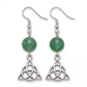 Green Aventurine Triquetra Earrings — silver-tone drop earrings with green stone bead and pewter Celtic knot triquetra charm for luck, heart chakra, and Celtic spirituality.