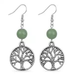 Green aventurine tree of life dangle earrings with natural green sparkling gemstone in tree of life wire frame, prosperity heart chakra crystal intention earrings.