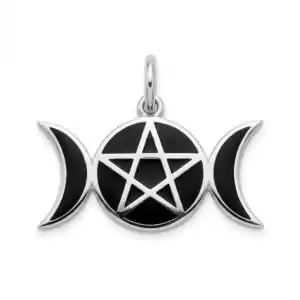 Sterling silver pentagram with triple moons pendant necklace, five-pointed star with flanking crescent moons design, Wiccan triple moon and elemental protection pendant.