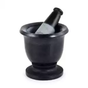 Black glazed soapstone mortar and pestle set, 3 inches wide, with smooth interior and dark matte exterior for ritual herb grinding.