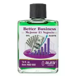 A green bottle of oil labeled Better Business with a graphic of dollar bills and coins — a 4-dram entrepreneur's money-drawing ritual oil for attracting customers and boosting business success.