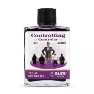 Controlling Oil 4 dram Aura Variety — small bottle with bilingual English/Spanish label and illustrated figure design for hoodoo domination and compliance condition oil work.