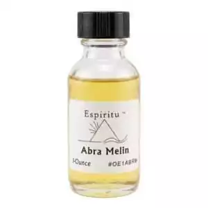 1oz glass bottle of Espiritu Abra Melin ritual oil with label, for the legendary Abramelin magical system and ceremonial spiritual authority.
