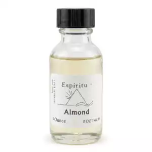 Espiritu Almond ritual aroma oil 1oz labeled glass bottle — sweet nourishing formula for prosperity, wisdom, and learning intention candle work and business rituals.