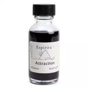 1oz glass bottle of Espiritu Attraction ritual aroma oil with label, a versatile formula for drawing love and opportunity.