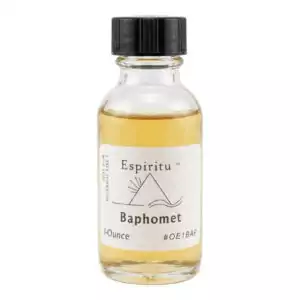 Espiritu Baphomet ritual aroma oil 1oz labeled glass bottle — rich occult formula for balance, mysticism, shadow integration, and Baphomet devotional altar work.