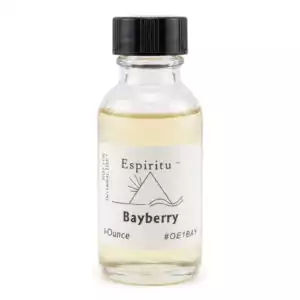 A clear glass bottle containing bayberry oil labeled Espiritu with a black cap — a 1oz traditional bayberry ritual fragrance oil for prosperity, good luck, and year-round abundance work.