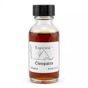 1oz glass bottle of Espiritu Cleopatra ritual oil with label, for channeling the Egyptian queen's confidence, sensuality, and commanding presence.