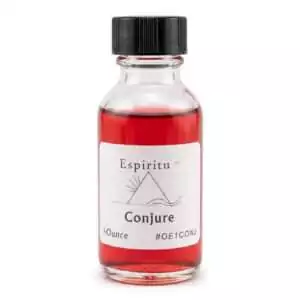 1oz glass bottle of Espiritu Conjure ritual oil with label, a powerful hoodoo amplifier for charging magical workings and intentions.