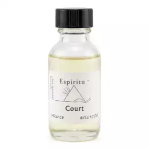 A clear glass bottle containing light-colored liquid labeled Espiritu Court — a 1oz hoodoo legal case ritual fragrance oil for court proceedings and favorable legal outcomes.