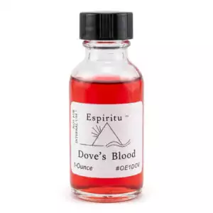 Espiritu Dove's Blood ritual aroma oil 1oz labeled glass bottle — classic conjure love and peace formula for candle dressing, petition writing, and love drawing work.