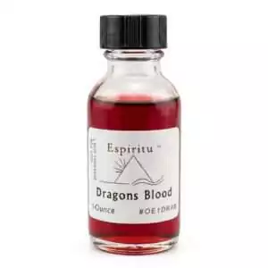 Espiritu Dragon's Blood ritual oil 1oz bottle with dark red-toned label — protection and power anointing oil in a square glass bottle.
