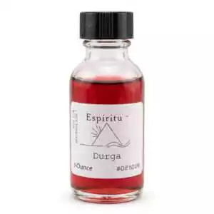 1oz glass bottle of Espiritu Durga ritual oil with label, for invoking the Hindu warrior goddess of fierce protection and strength.