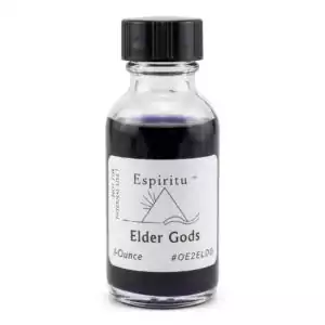 A small glass bottle labeled "Elder Gods" containing a dark liquid, with a white label featuring the brand name "Espiritu" and other details.