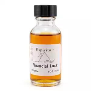 Small amber liquid Espiritu Financial Luck oil bottle with mountain design label — 1oz prosperity and money-drawing ritual fragrance oil.