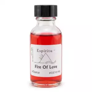 Espiritu Fire of Love ritual aroma oil 1oz labeled glass bottle — intensely passionate love formula for igniting romantic fire and magnetizing powerful attraction.