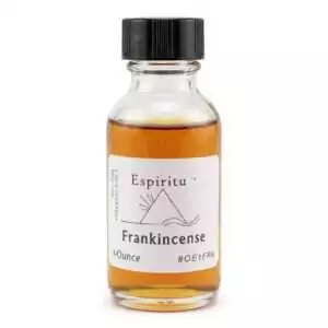 1oz glass bottle of Espiritu Frankincense ritual oil with label, a bestselling sacred resin formula for spiritual elevation and consecration.