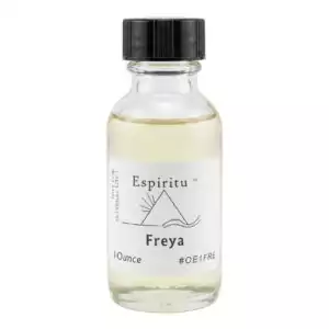 Espiritu Freya ritual aroma oil 1oz labeled glass bottle — Norse goddess devotional formula for love, beauty, fertility, and seiðr magical work.