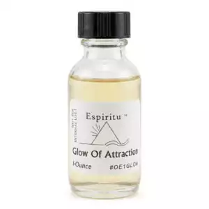 Espiritu Glow of Attraction ritual aroma oil 1oz labeled glass bottle — radiant love-drawing formula for projecting irresistible personal magnetism and drawing romance.