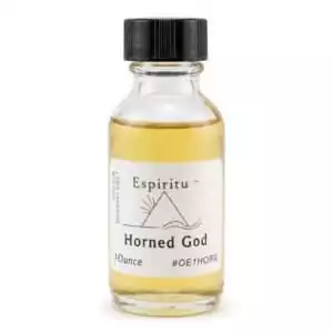 1oz glass bottle of Espiritu Horned God ritual oil with label, a Wiccan deity oil for sacred masculine and nature deity invocation.