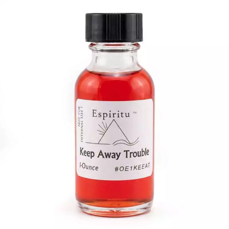 OE1KEEAT_Z_1a 1 oz bottle of Espiritu Keep Away Trouble ritual oil for protecting thresholds, repelling problematic people, and maintaining home protection.