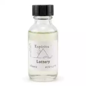 Clear glass bottle with black cap containing light yellow Espiritu Lottery ritual oil — 1oz luck and prosperity fragrance oil.