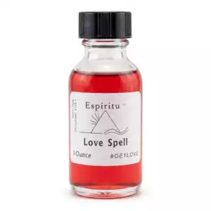 Espiritu Love Spell ritual aroma oil 1oz labeled glass bottle — enchanting love drawing formula for romance, attraction, and sweetening relationship rituals.