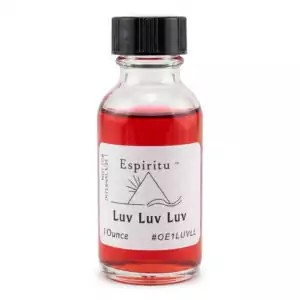 Espiritu Luv Luv Luv ritual aroma oil 1oz labeled glass bottle — triple-strength love formula for irresistible romantic attraction and intense desire rituals.