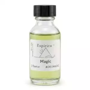 1oz glass bottle of Espiritu Magic ritual aroma oil with label, an all-purpose spell amplifier for enhancing all magical workings.