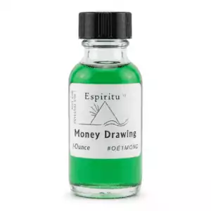 1oz glass bottle of Espiritu Money Drawing ritual aroma oil with label, a classic hoodoo wealth and prosperity formula.