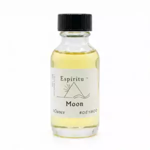 A small glass bottle of oil labeled Espiritu Moon with a black cap and silver label — a 1oz lunar ritual anointing oil for full moon, new moon, and moon-aligned spiritual practice.