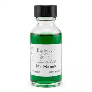 1 oz bottle of Espiritu Mr. Money ritual aroma oil for attracting wealth, financial luck, and prosperity in hoodoo workings.