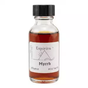 1oz glass bottle of Espiritu Myrrh ritual aroma oil with label, a sacred resin fragrance for purification and spiritual protection work.