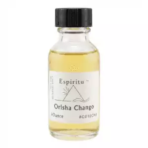1oz glass bottle of Espiritu Orisha Chango ritual aroma oil with label, for invoking the thunder and power orisha in Lucumí and Santería.