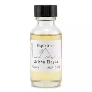 A small glass bottle containing light yellow liquid labeled Espiritu Orisha Elegua — a 1oz devotional ritual oil for Elegua altar work in Santería and crossroads tradition.