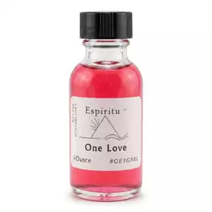 A small glass bottle filled with bright pink liquid, labeled "Espiritu One Love." The bottle has a black cap and a simple design.