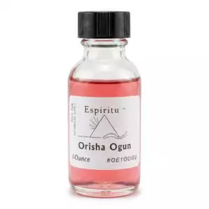 A clear glass bottle containing a pink liquid, labeled "Espiritu Orisha Ogun," with a black cap. The label also includes the volume of 4 ounces.